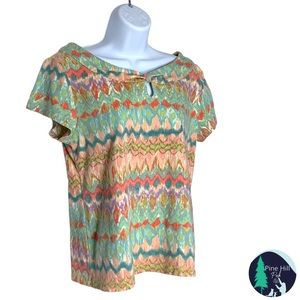 Rafaella T-Shirt Womens Small Striped Turquoise Peach 100% Cotton Keyhole Neck